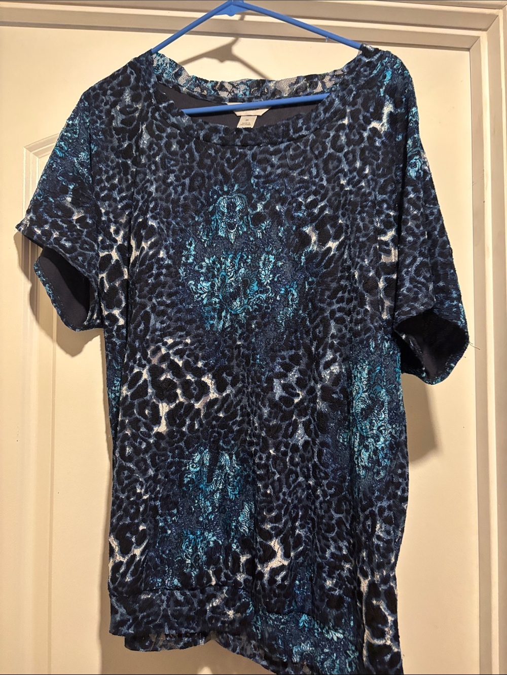 CJ Banks Navy and Teal Animal Print Short Sleeve Top